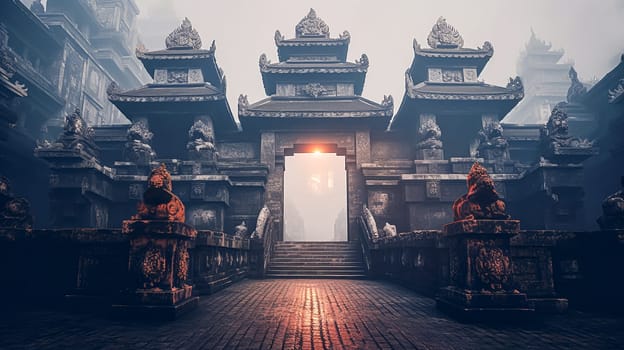 A beautiful temple with a large archway and a bridge leading to it. The water in the pond is calm and reflects the sunset