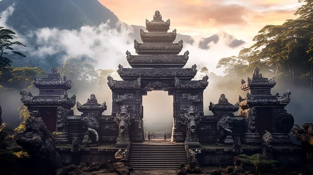 A beautiful temple with a large archway and a bridge leading to it. The water in the pond is calm and reflects the sunset