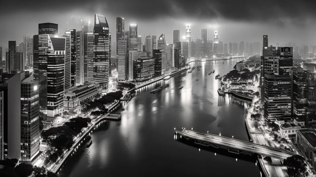 A city skyline with a large body of water in the background. The sky is a mix of blue and pink, giving the scene a serene and peaceful atmosphere