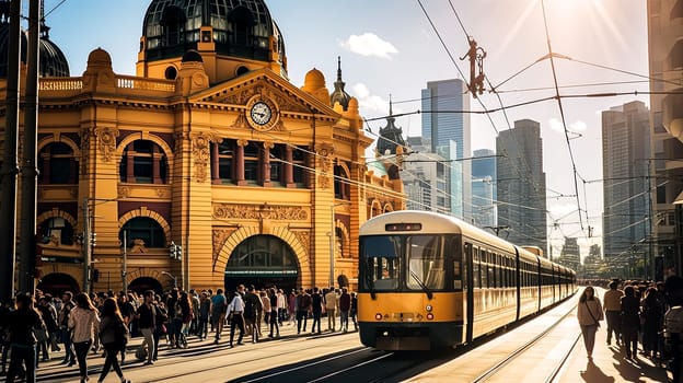 A busy city street with a trolley passing by a large building. The people on the street are walking and talking, and the trolley is moving through the crowd. Concept of urban life and movement