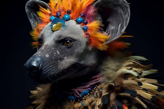 A hyena with a yellow face and distinctive black and white stripes, showcasing its unique and striking appearance in the wild.