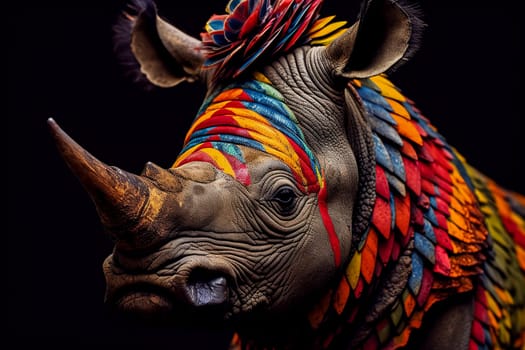 A rhino with a crown and orange beads around its neck. The rhino is wearing a colorful outfit and has a unique appearance