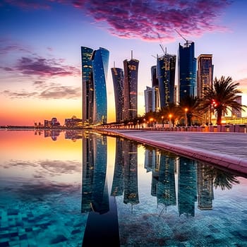 A city skyline is reflected in the water at sunset. The buildings are tall and the water is calm