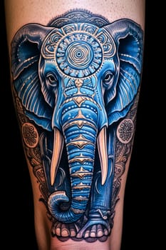 A blue elephant tattoo on a person's arm. The elephant is surrounded by intricate designs and patterns, giving the tattoo a unique and artistic appearance