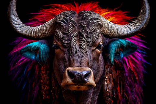 A bull with orange paint on its face and feathers adorning its horns, creating a bold and vibrant appearance.