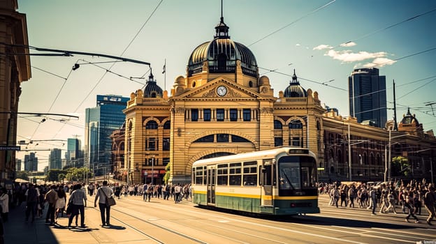 A busy city street with a trolley passing by a large building. The people on the street are walking and talking, and the trolley is moving through the crowd. Concept of urban life and movement