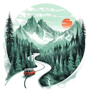 A red car is driving down a winding road in the mountains. The sun is setting in the background, casting a warm glow over the scene