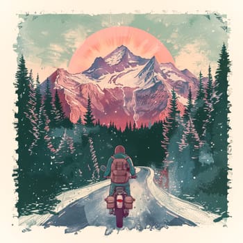 A man is riding a motorcycle down a road with a mountain in the background. The sky is pink and the sun is setting