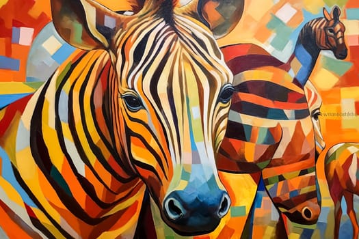 A painting of a zebra with a colorful background. The zebra is the main focus of the painting, and it is looking at the viewer. The painting has a vibrant and lively feel to it