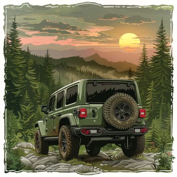 A green Jeep is parked in a forest with a sunset in the background. Scene is peaceful and serene, as the sun sets behind the trees