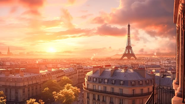 The sun is setting over the city of Paris, casting a warm glow over the buildings and the Eiffel Tower. The sky is filled with clouds, creating a moody atmosphere. The city is bustling with activity