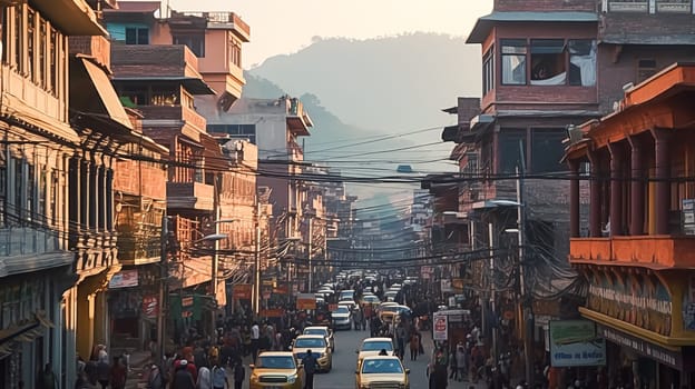 A city with many buildings and people walking around. The buildings are red and the sky is orange