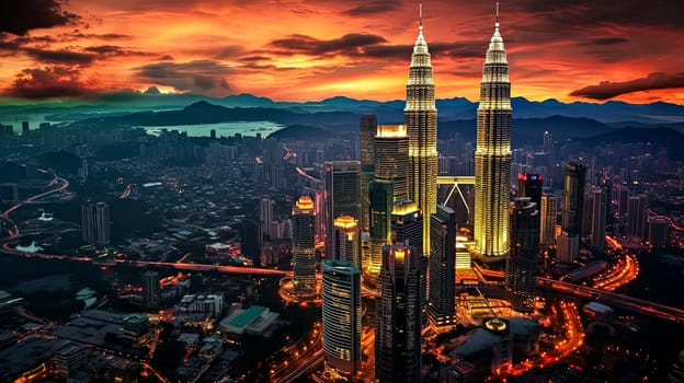 A city skyline with a beautiful sunset in the background. The city is lit up with lights and the buildings are tall