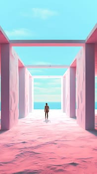 A woman stands in a pink tunnel with a blue sky above her. The tunnel is long and narrow, and the woman is the only person in it