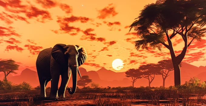 A painting of an elephant standing in front of a sunset. The painting is of a group of people walking in the background
