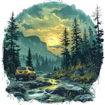 A car is driving down a road in the woods. The car is a Jeep Wrangler. The sky is filled with clouds and the moon is visible in the background