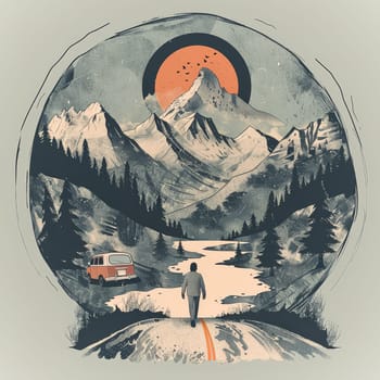 A man is walking down a road in the mountains. A red van is parked on the side of the road