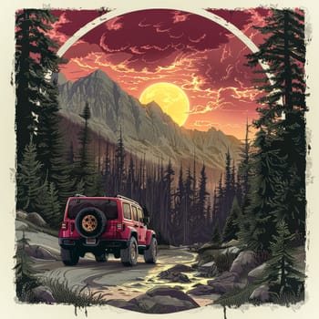 A jeep is driving down a dirt road in the woods. The sun is setting in the background, casting a warm glow over the scene