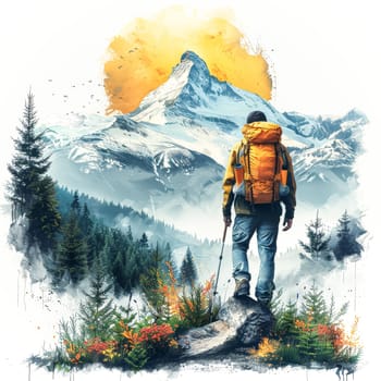 A man is walking along a river with a mountain in the background. The scene is serene and peaceful, with the man carrying a backpack and the mountain providing a sense of grandeur and majesty