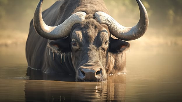 A large black ox is standing in a body of water, looking at the camera. The water is murky and the ox appears to be wet