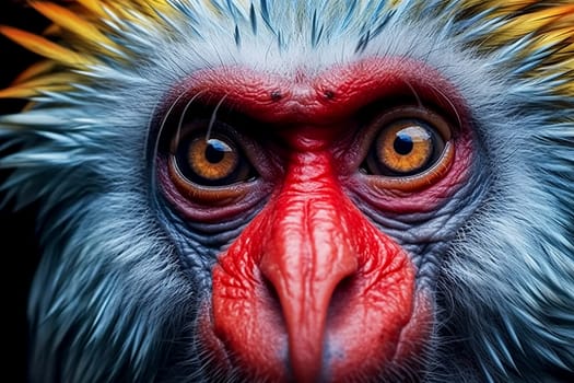 A monkey with a red nose and blue fur. The monkey has yellow eyes. The image is of a close up of the monkey's face