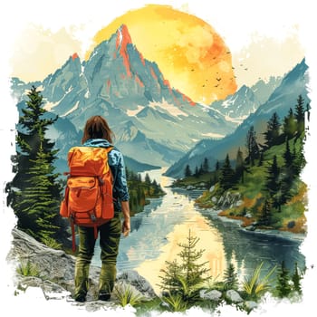 A man is walking along a river with a mountain in the background. The scene is serene and peaceful, with the man carrying a backpack and the mountain providing a sense of grandeur and majesty