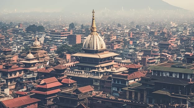 A city with a large building in the center. The building has a dome on top. The city is surrounded by mountains