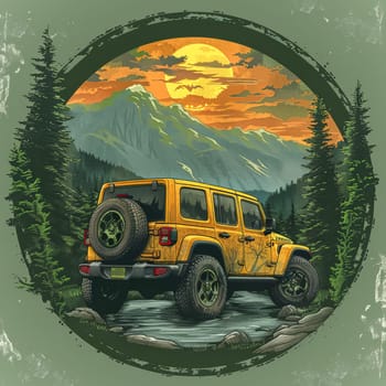 A yellow jeep is driving down a dirt road in the woods. The sun is setting in the background, casting a warm glow over the scene. The car is surrounded by trees