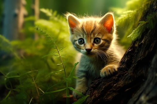 A kitten is sitting on a log in the woods. The kitten is looking up at the camera with a curious expression. The scene is peaceful and serene, with the kitten being the main focus of the image