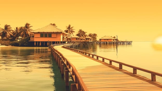 A wooden bridge leads to a beach with two small houses. The water is calm and the sky is orange