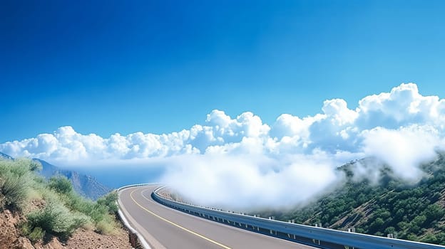 A long, empty road with a mountain range in the background. The sky is cloudy and the sun is shining through the clouds