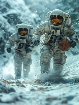 A man in a white spacesuit is running through the snow with a basketball. Concept of adventure and excitement, as the astronaut is playing a game of basketball in an unusual setting