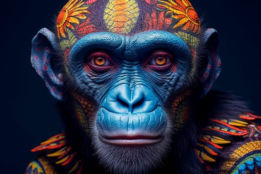A colorful monkey with blue and yellow paint on its face. The monkey is wearing a colorful outfit and has a flower design on its face
