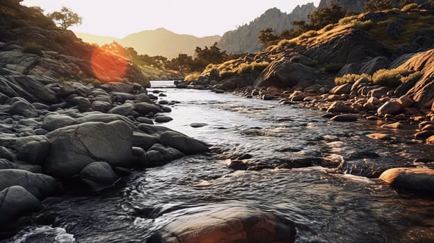 A river with a mountain in the background. The water is clear and calm. The mountains are covered in snow. The sky is blue and clear