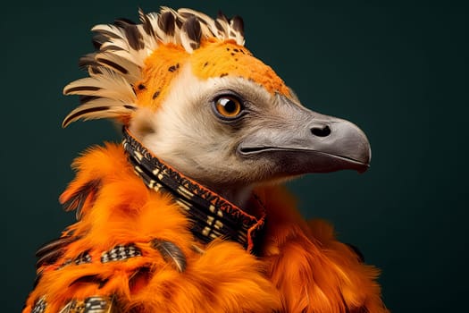 A bird with orange feathers and a scarf around its neck. The bird has a very unique and interesting appearance