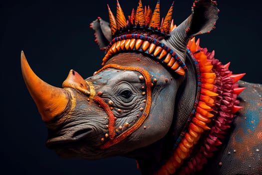 A rhino with a crown and orange beads around its neck. The rhino is wearing a colorful outfit and has a unique appearance