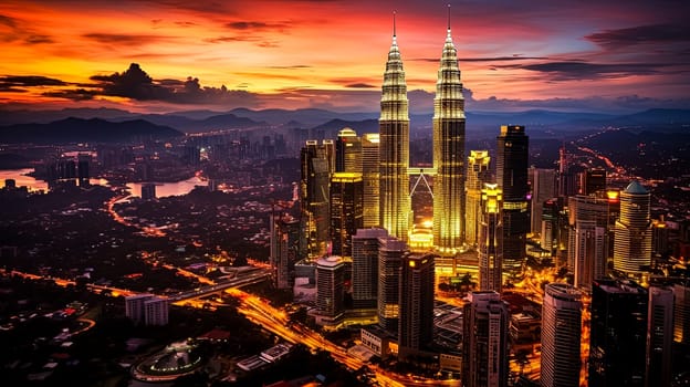 A city skyline with a river and a sunset in the background. The city is lit up at night, creating a beautiful and serene atmosphere