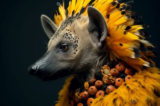 A hyena with a yellow face and distinctive black and white stripes, showcasing its unique and striking appearance in the wild.