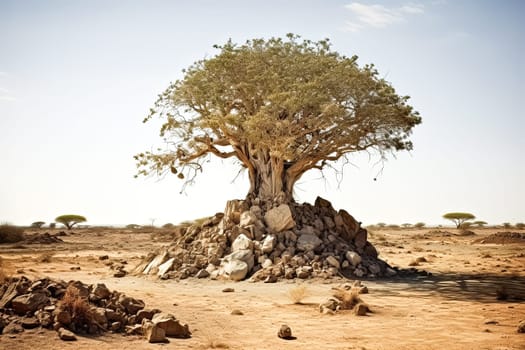 A large tree with a trunk that is about as wide as a person. The tree is surrounded by a dry, barren landscape