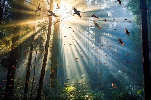 A forest with a bright sun shining through the trees. The sun is casting a warm glow on the forest floor. There are many birds flying through the trees, creating a sense of freedom and movement