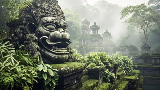 A large stone statue of a face with a mouth open is surrounded by lush green plants. The scene is serene and peaceful, with the statue and plants creating a sense of harmony and balance