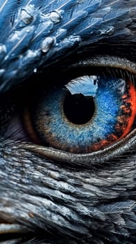 A close up of a bird's eye with blue and orange irises. The eye is surrounded by feathers and the irises are vibrant and striking. Concept of wonder and awe at the beauty of nature