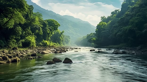 A river with a forest on either side. The water is clear and calm. The trees are tall and green