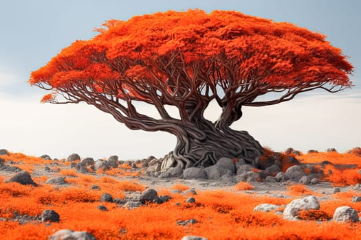 A large tree with orange leaves stands in a field of rocks. The scene is serene and peaceful, with the tree providing a sense of stability and strength in the otherwise barren landscape