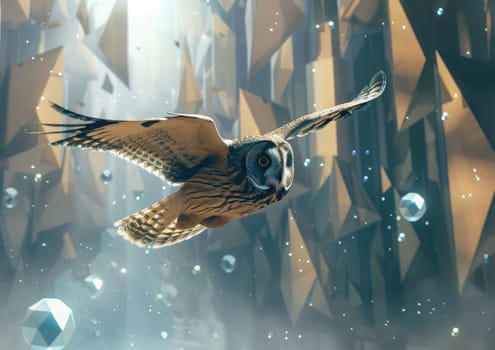 Long-eared Owl in mid-flight, its wings leaving a trail of stardust as it soars through a surreal, geometric landscape.