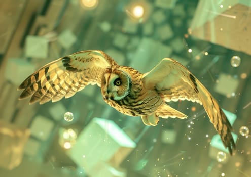 Long-eared Owl in mid-flight, its wings leaving a trail of stardust as it soars through a surreal, geometric landscape.