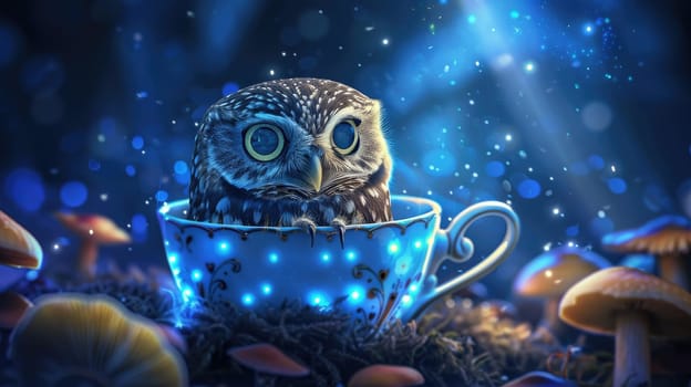 Burrowing Owl, peeking out from a teacup filled with glowing mushrooms, its surprised expression illuminated by a beam of light from a giant.