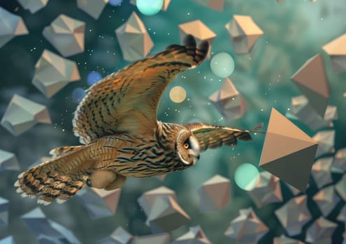 Long-eared Owl in mid-flight, its wings leaving a trail of stardust as it soars through a surreal, geometric landscape.