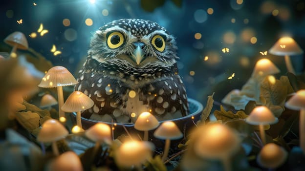 Burrowing Owl, peeking out from a teacup filled with glowing mushrooms, its surprised expression illuminated by a beam of light from a giant.