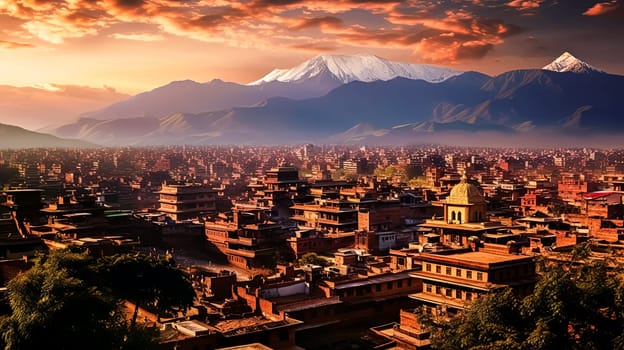 A city with a tall tower in the background. The sky is orange and the sun is setting